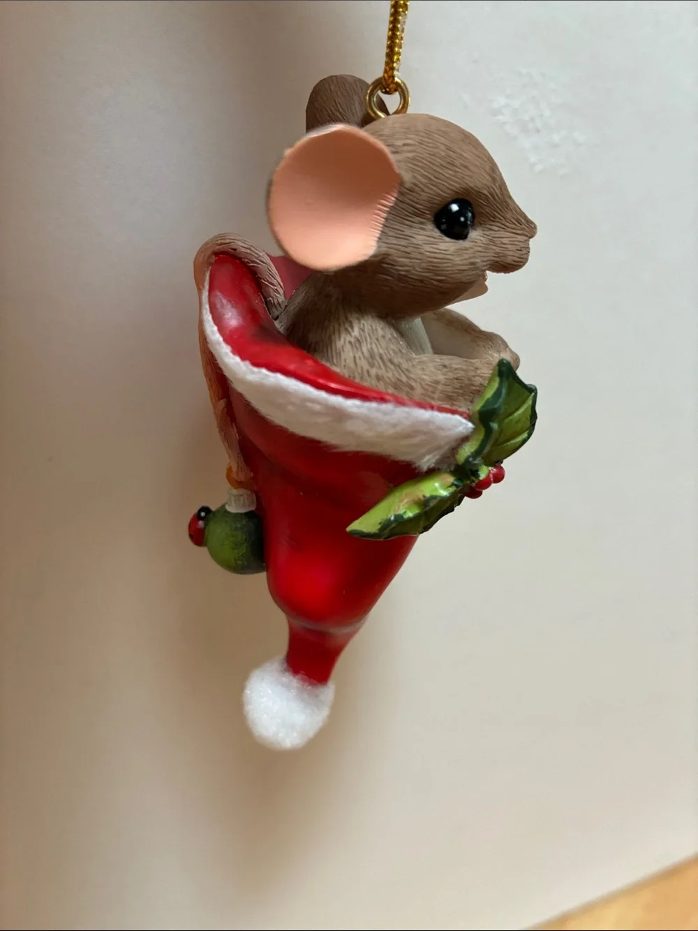 Enesco Brown Mouse in Red Stocking Ornament with White Trim and Green Holly